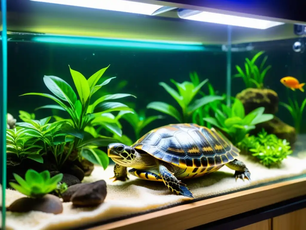 Un acuario completamente equipado para tortugas acuáticas, con sistemas de filtración, lámparas de calor, muelles de asoleamiento y plantas acuáticas