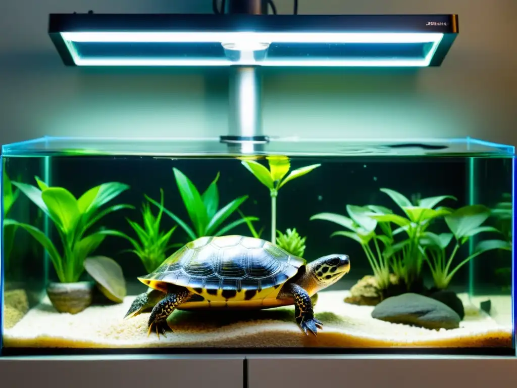 Un acuario bien iluminado para tortugas acuáticas, con área de descanso, lámpara UVB y calentador de agua