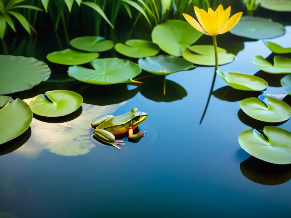 Un hábitat acuático anfibio exuberante y sereno, con plantas acuáticas y criaturas visibles