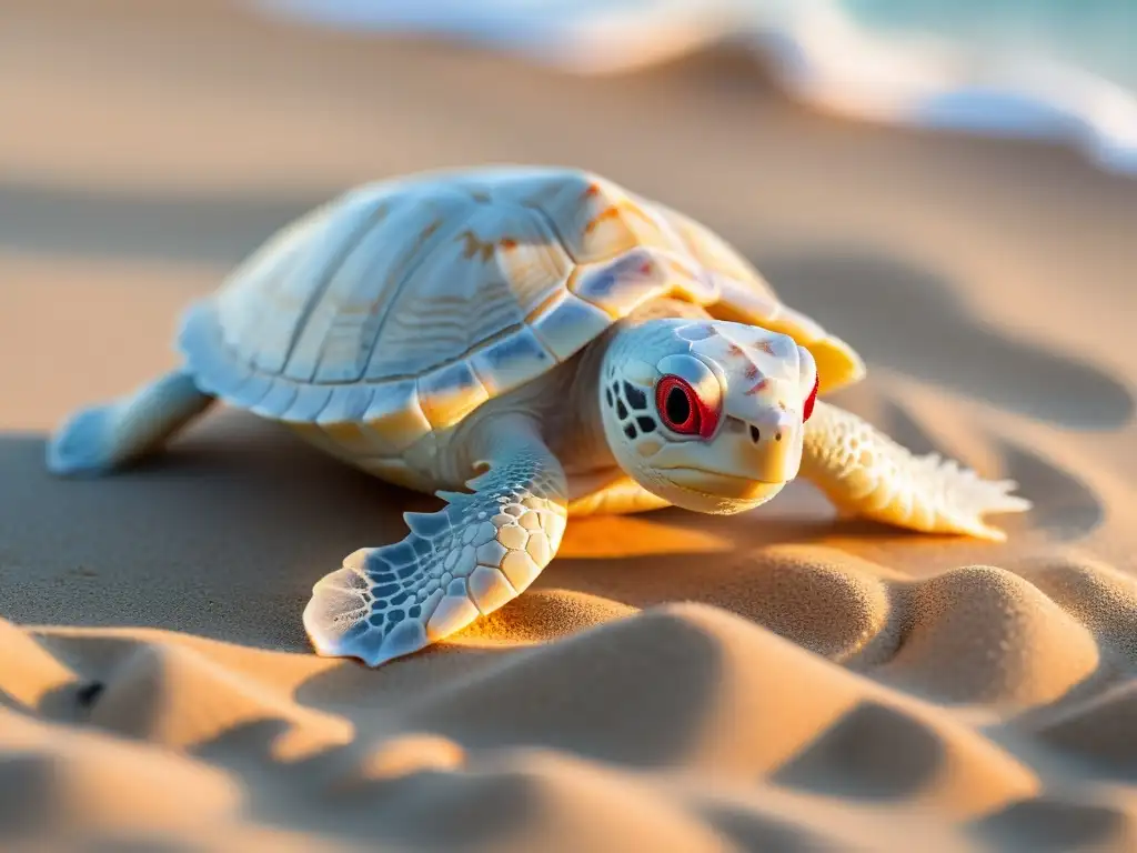 Emotiva imagen de una cría de tortuga albina dirigiéndose al mar Adorable tortuga albina cuidados y conservación, avanza hacia el océano en una playa dorada, destacando su belleza frágil