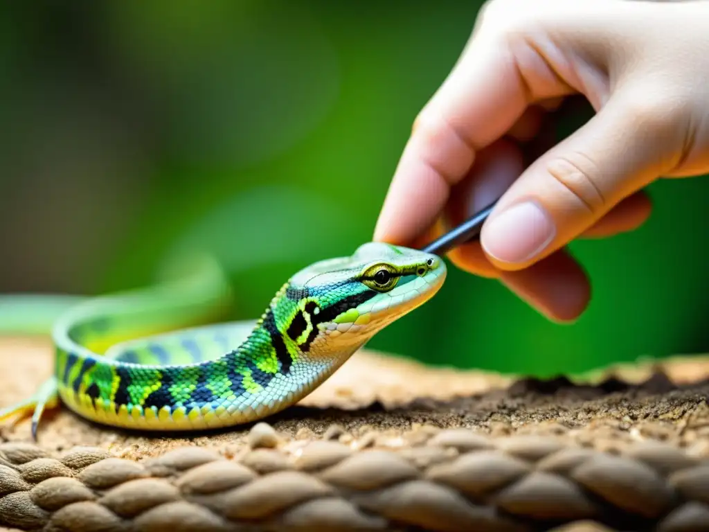 Alimentación afectuosa de un reptil bebé por un cuidador con pinzas, mostrando detalles asombrosos de escamas y colores