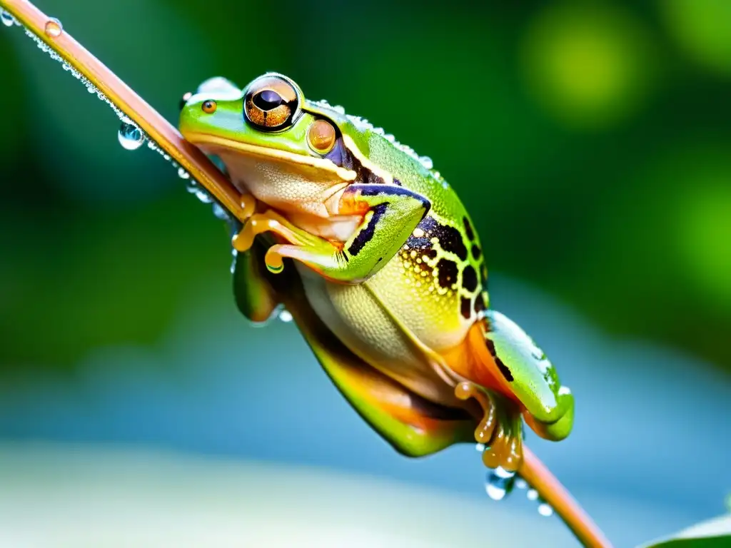 Un ágil anfibio realizando acrobacias subacuáticas en un salto elegante hacia un estanque reluciente, resaltando su destreza acuática