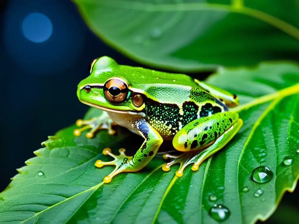 Un ágil anfibio nocturno, con su piel verde salpicada de gotas de agua, canta en la luz de la luna