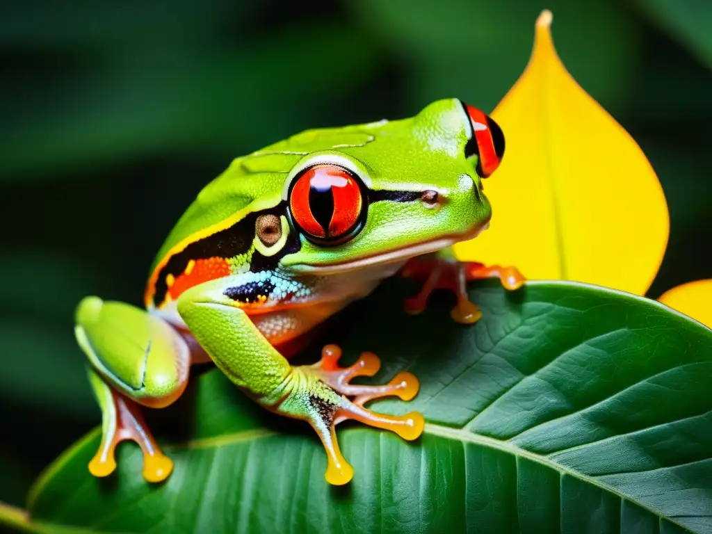 Un ágil anfibio nocturno, la rana de ojos rojos, muestra sus adaptaciones únicas en la selva tropical