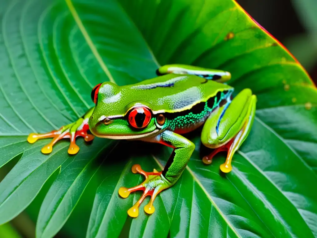 Un ágil anfibio de ojos rojos se aferra a una hoja en la selva lluviosa, mostrando cambios y patrones en su piel verde esmeralda