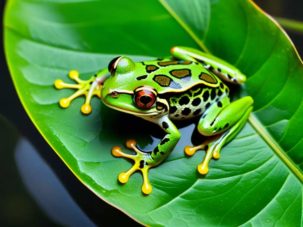 Fotografía de un ágil anfibio, una rana arborícola verde, en un estanque cristalino, reflejando la exuberante vegetación tropical