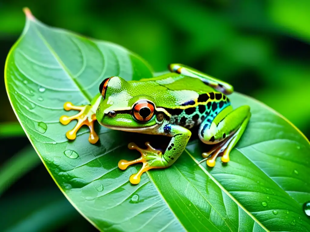 Un ágil anfibio, una rana arbórea verde vibrante, se aferra a una hoja en la exuberante selva tropical