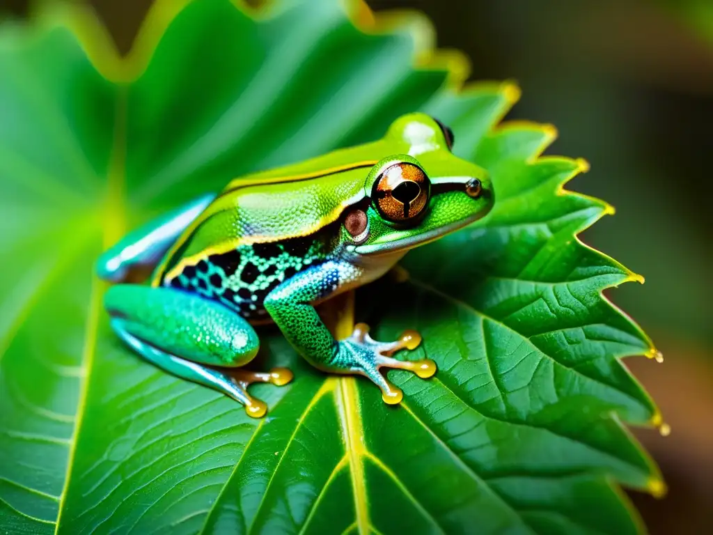 Un ágil anfibio verde se aferra a una hoja en la selva, su piel brillante refleja la luz del sol