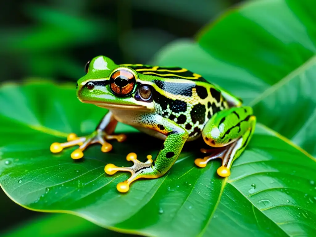 Un ágil anfibio verde descansa sobre una hoja en la frondosa selva tropical