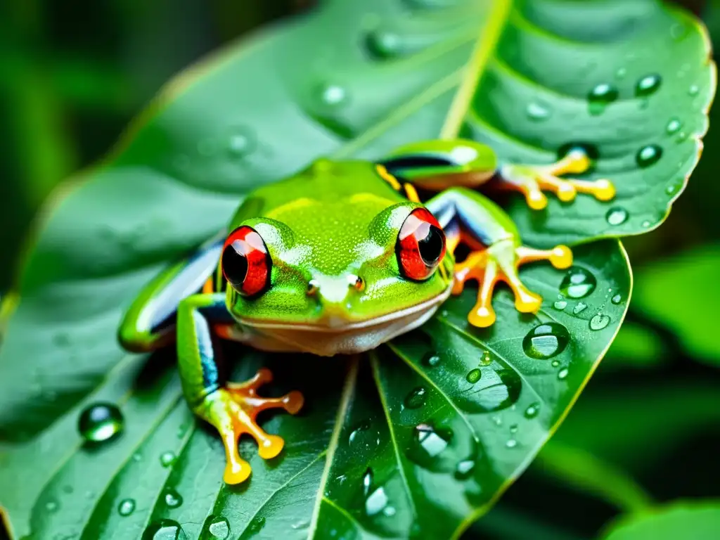 Un ágil anfibio verde se aferra a una hoja en la selva lluviosa, con gotas de lluvia creando un efecto hipnótico