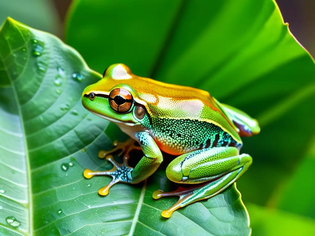 Un ágil anfibio verde se destaca sobre una hoja en la exuberante selva tropical