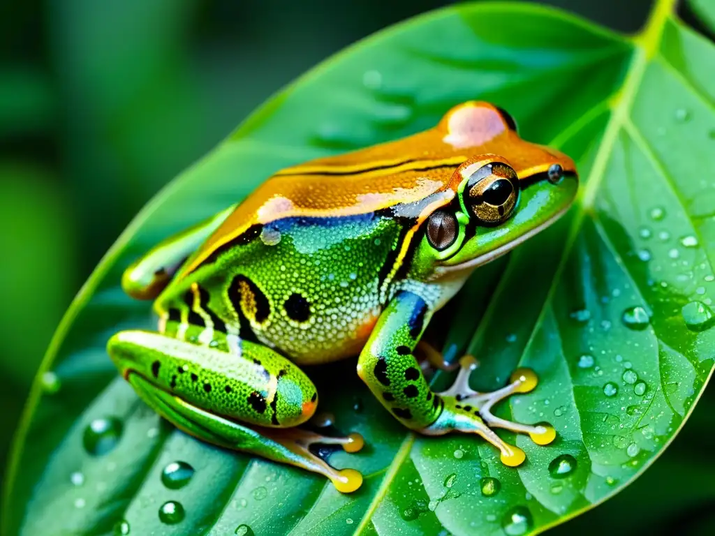 Un ágil anfibio verde en hoja brillante refleja los efectos de la lluvia, cambios de patrones y su entorno natural