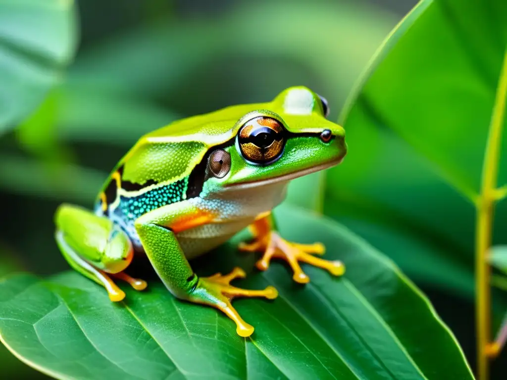 Un ágil árbol rana se aferra a una hoja en la selva, sus ojos dorados vigilantes