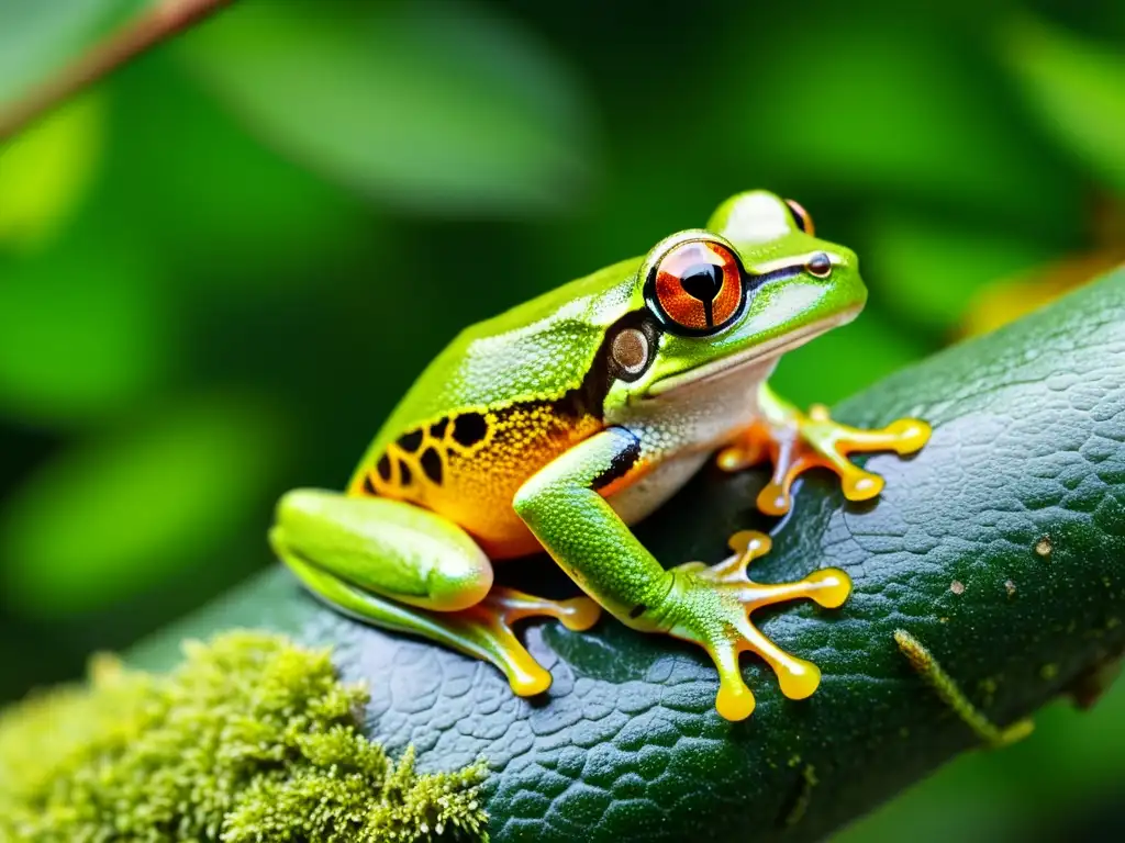 Un ágil árbol rana en un bosque tropical, con piel verde vibrante y ojos dorados, refleja la exuberante vegetación