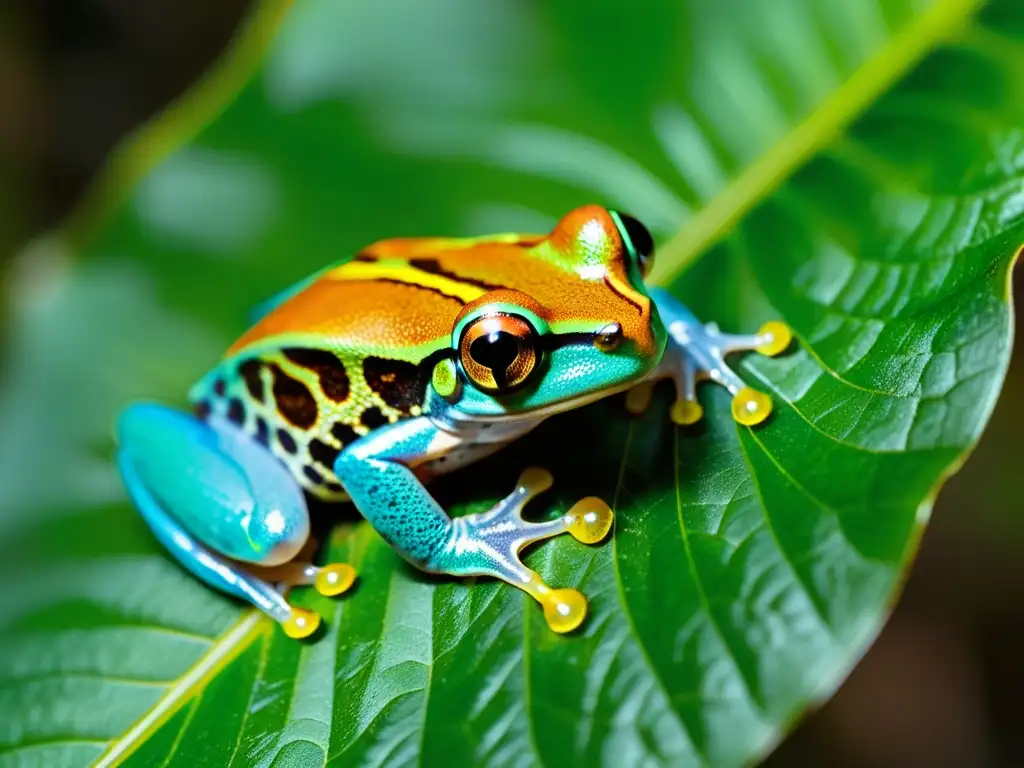 Un ágil árbol rana de la selva con piel iridiscente, ojos dorados y dedos delicados