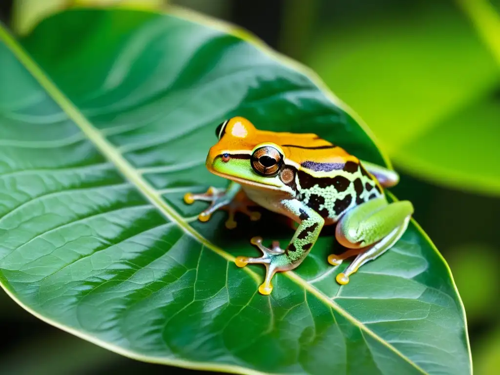 Un ágil árbol rana verde reposa en una hoja en la exuberante selva tropical, con la luz solar filtrándose a través de las hojas