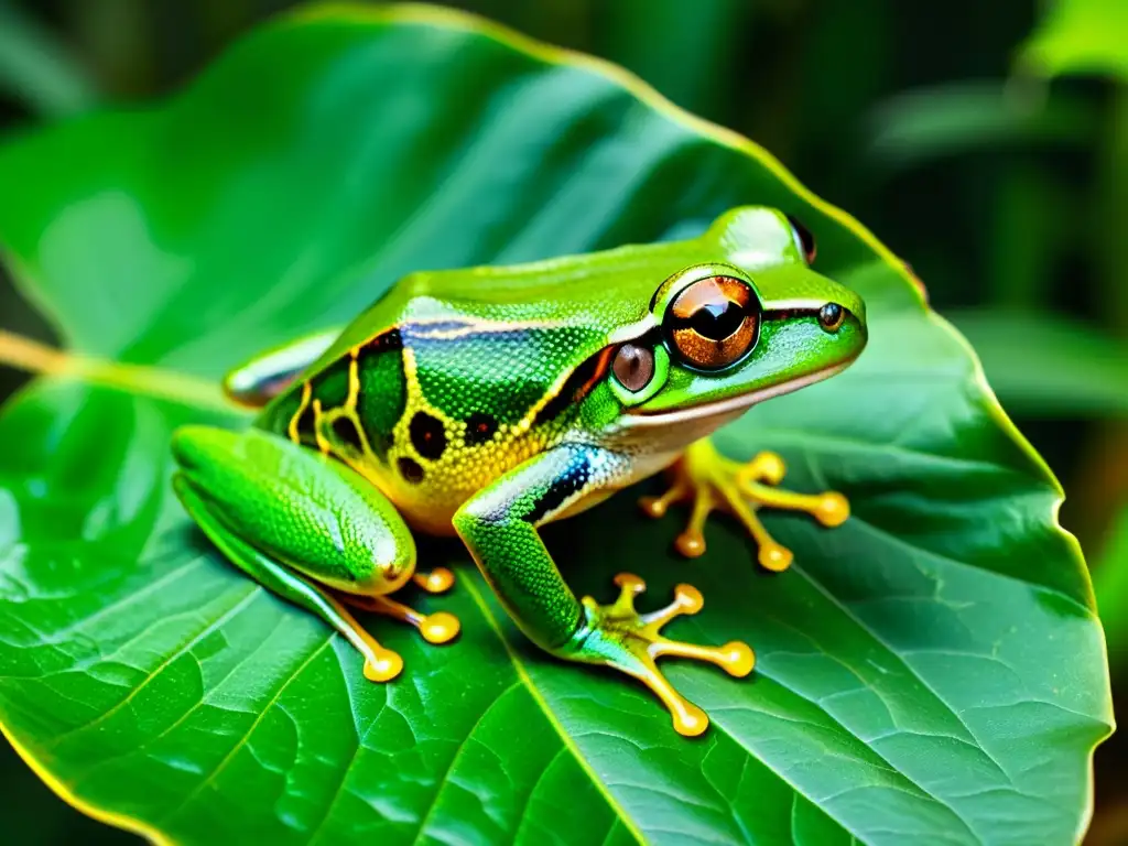 Un ágil árbol rana verde descansa en una hoja brillante en la selva tropical