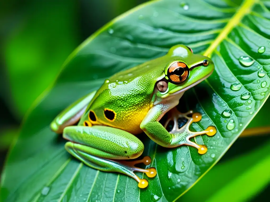 Un ágil árbol verde trepador muestra su piel traslúcida y ojos dorados en una hoja húmeda, resaltando el rol anfibios polinización semillas