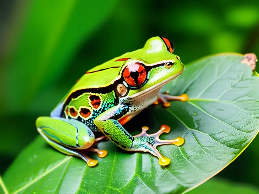 Un ágil y colorido anfibio de ojos rojos posado en una hoja verde en la selva tropical