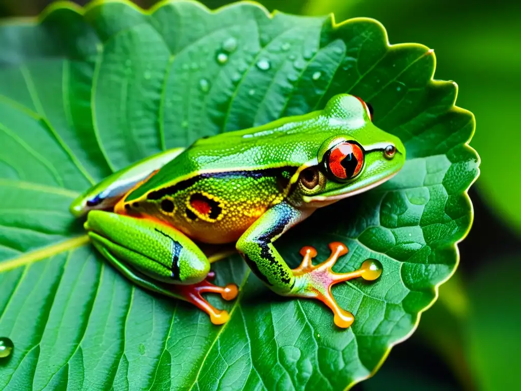 Un ágil y colorido anfibio de ojos rojos se aferra a una hoja en la selva tropical, destacando su adaptación a hábitats litorales