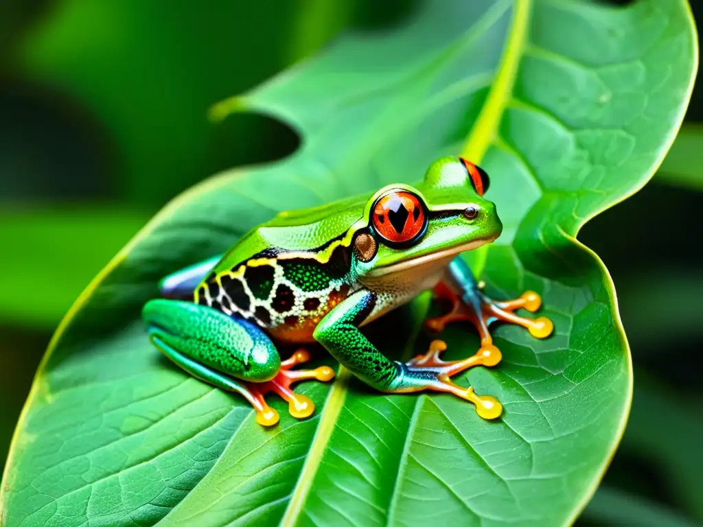 Un ágil y colorido anfibio, la rana de ojos rojos, se aferra a una hoja en la selva