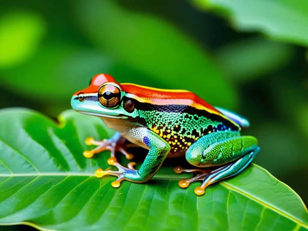 Un ágil y colorido anfibio en la selva exhala un canto resonante mientras su bolsa vocal se infla