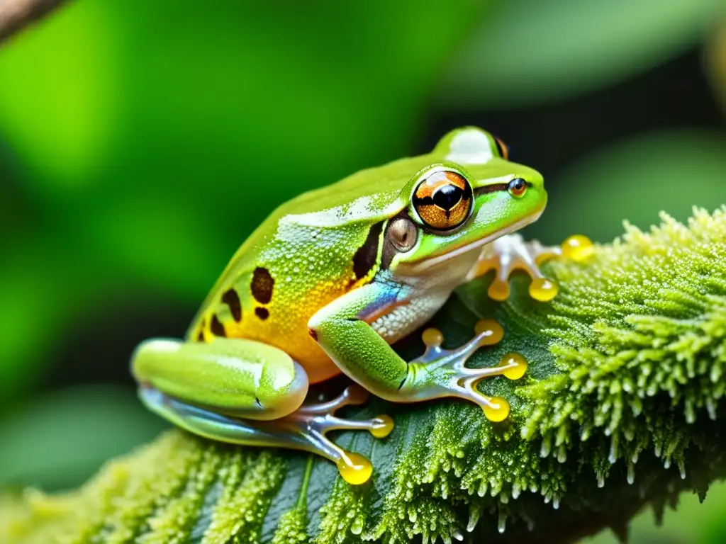 Un ágil y colorido árbol rana en su hábitat natural, revelando la importancia de los anfibios como indicadores de salud ambiental