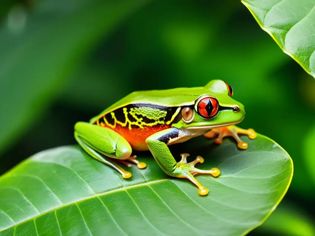 Rana de ojos rojos en la selva tropical Un ágil y colorido rana de ojos rojos descansa sobre una frondosa hoja en la selva tropical