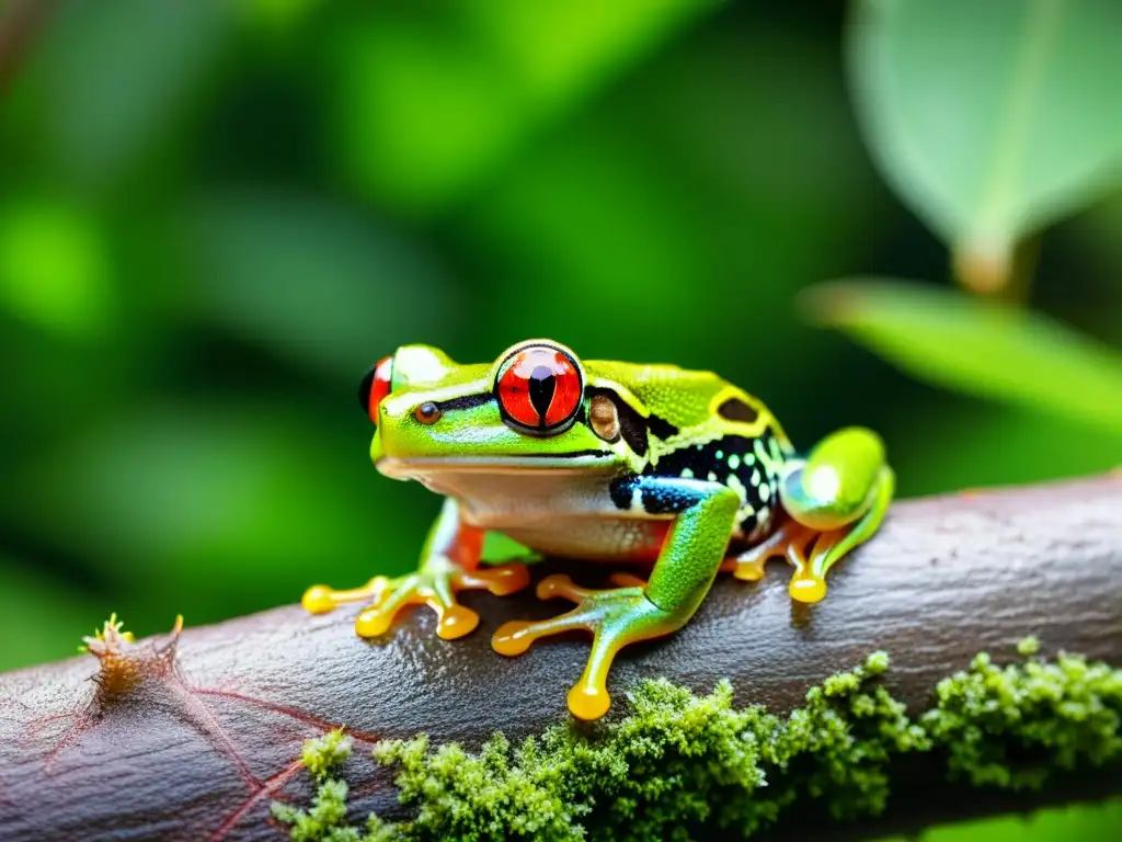 Un ágil y colorido árbol rana en una rama cubierta de musgo, rodeado de exuberante vegetación tropical