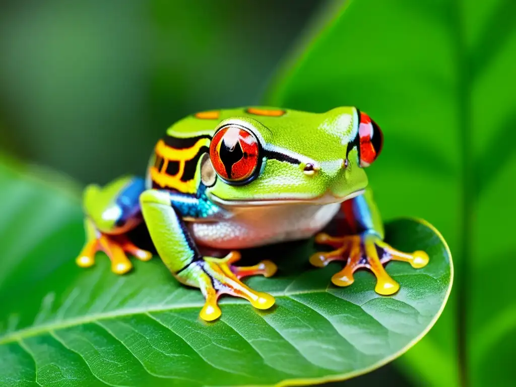 Un ágil y colorido macho de rana de ojos rojos (Agalychnis callidryas) reposa sobre una hoja verde en la selva tropical