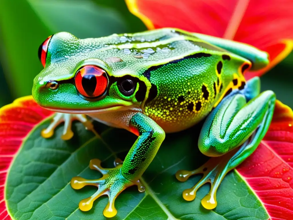 Un ágil y detallado retrato de una rana arbórea de ojos rojos en una hoja verde vibrante, revelando su red capilar