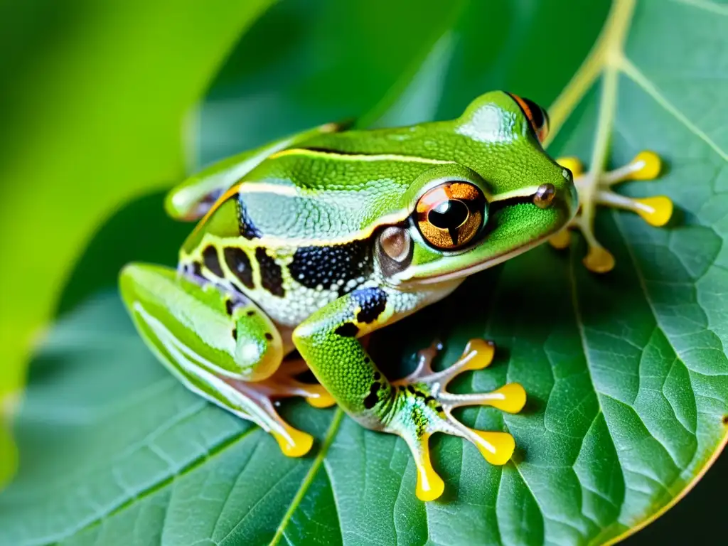 Un ágil y vibrante anfibio verde posado en una hoja, con su piel translúcida mostrando una intrincada red de venas y señales de estrés en anfibios