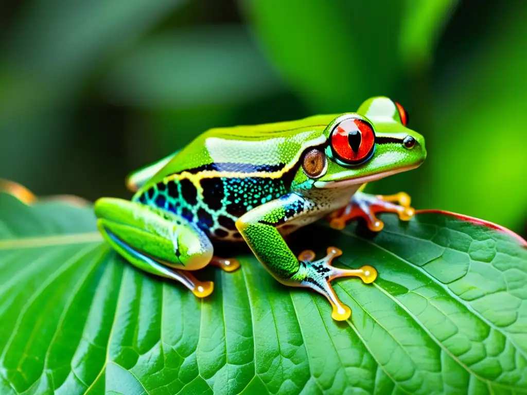 Un ágil y vibrante anfibio verde reposa en una hoja en la densa selva