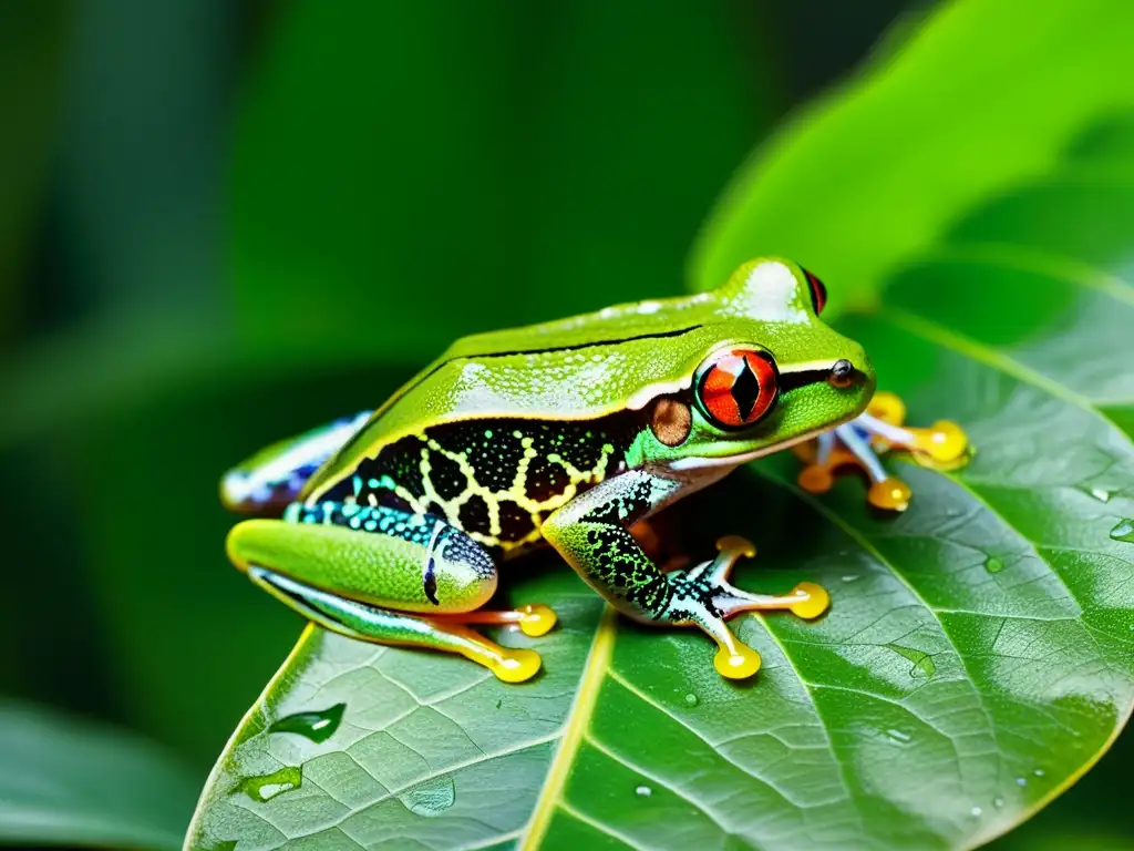 Un ágil y vibrante árbol de ojos rojos se aferra a una hoja en la exuberante selva tropical