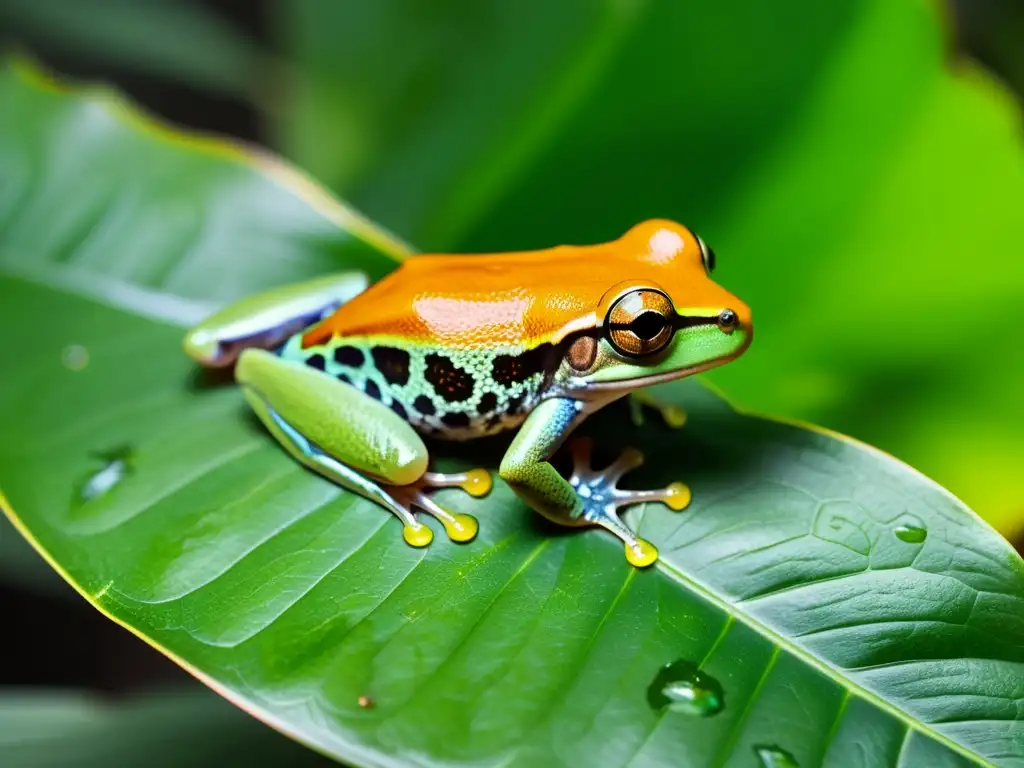 Un ágil y vibrante árbol rana se posa en una hoja en la exuberante selva tropical