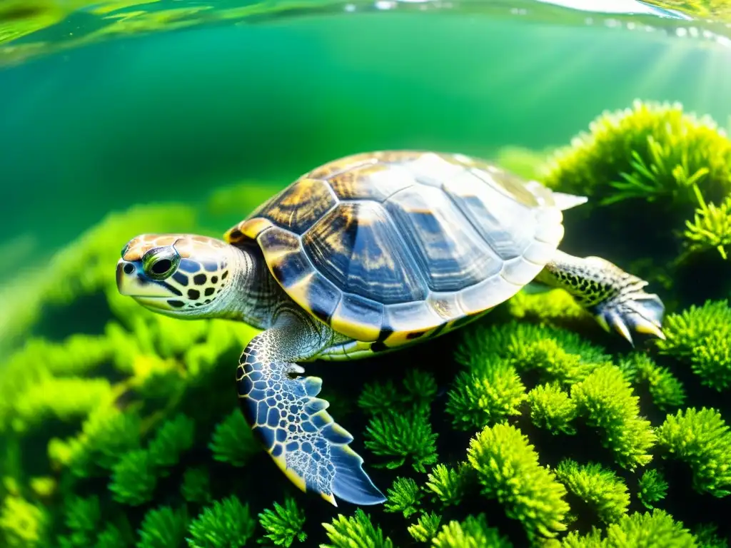 Una tortuga acuática se sumerge en agua cristalina rodeada de vegetación acuática exuberante