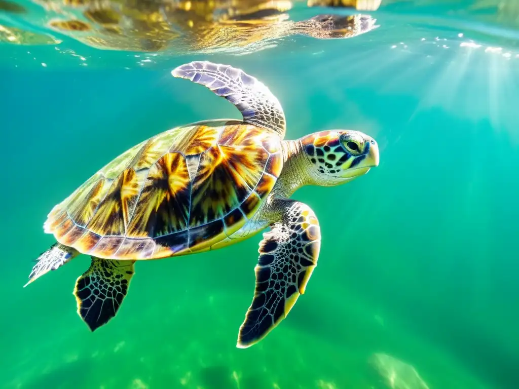 Una tortuga acuática nadando graciosamente en aguas cristalinas, con patrones de luz solar en su caparazón