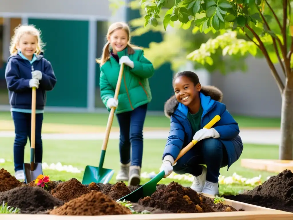 Alegre restauración de hábitats escolar con niños plantando árboles y flores en el patio de la escuela bajo el sol brillante