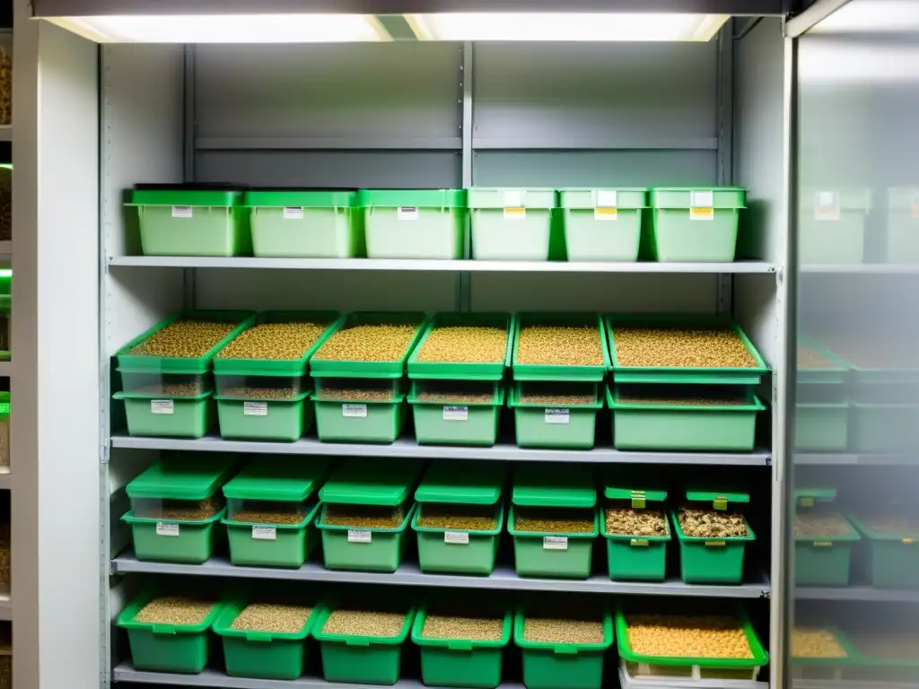 Almacenamiento de alimentos vivos para reptiles en instalación climatizada, con insectos y roedores etiquetados y sistemas de control automatizado