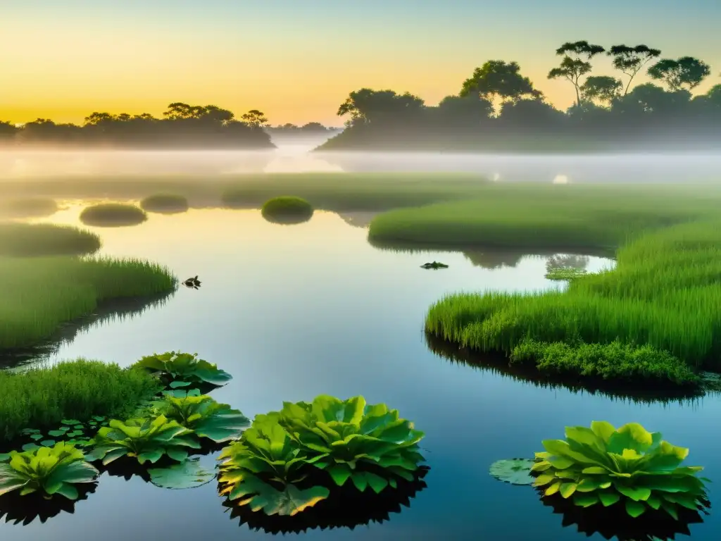 Un amanecer en un humedal costero, donde los anfibios desempeñan un papel vital en el ecosistema litoral