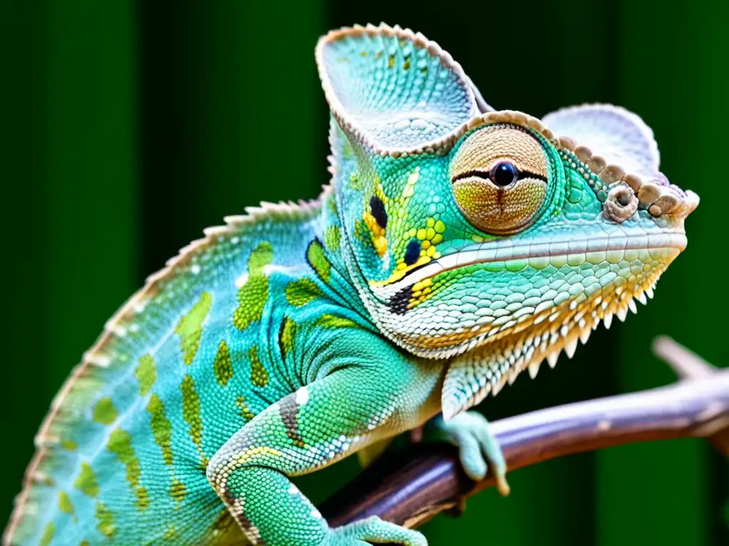 Camaleón maestro del camuflaje en su entorno natural Un camaleón en un ambiente natural, con detalles de su piel y tácticas de escape en reptiles