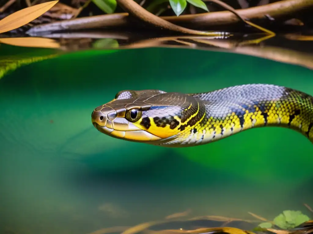 Una anaconda verde nada en un bosque lluvioso inundado, mostrando su adaptación de reptiles en entornos inundados en su hábitat natural