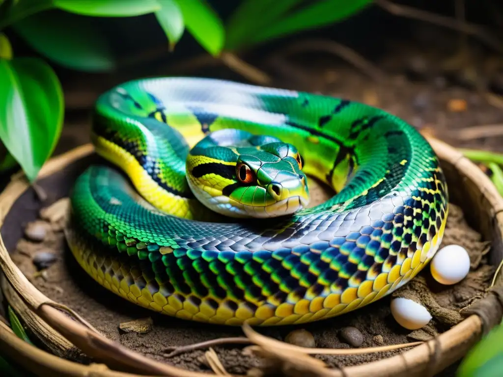 Una anaconda verde enroscada alrededor de sus huevos, mostrando comportamientos parentales reptiles anfibios en su hábitat tropical exuberante