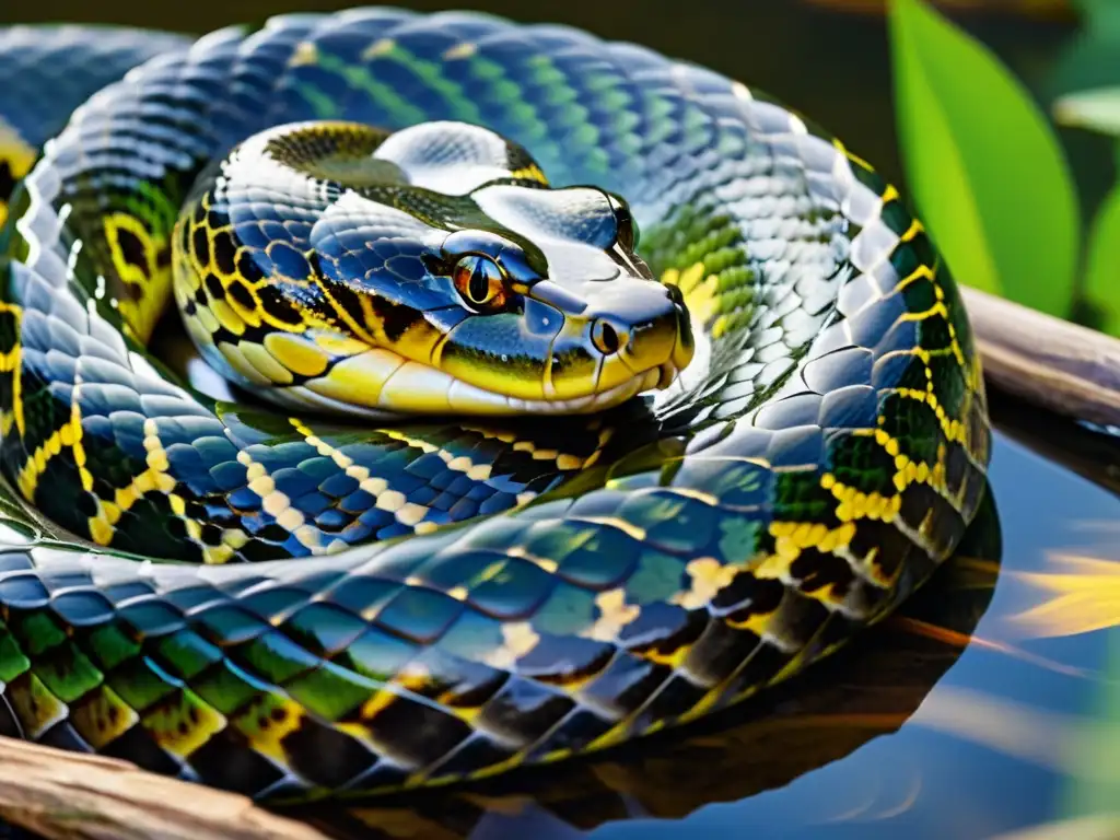 Una anaconda verde enroscada a orillas de un río, con sus escamas brillando al sol