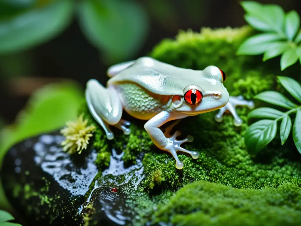 Anfibio albino genético en su hábitat natural, sobre roca cubierta de musgo en la exuberante selva