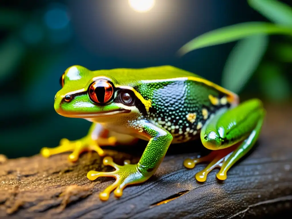 Un anfibio nocturno caza en la oscuridad del bosque, con su piel brillante y ojos enfocados