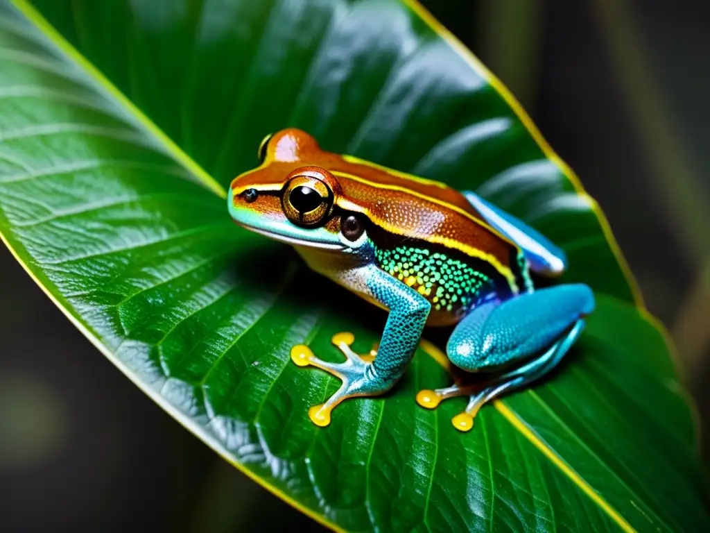 Un anfibio nocturno en una hoja de la selva tropical, destacando la importancia ecológica de los hábitos nocturnos de los anfibios