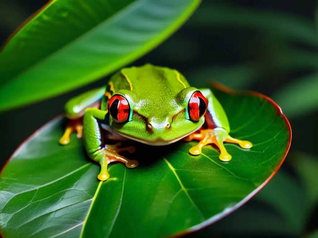 Un anfibio nocturno, como la rana de ojos rojos, en la selva