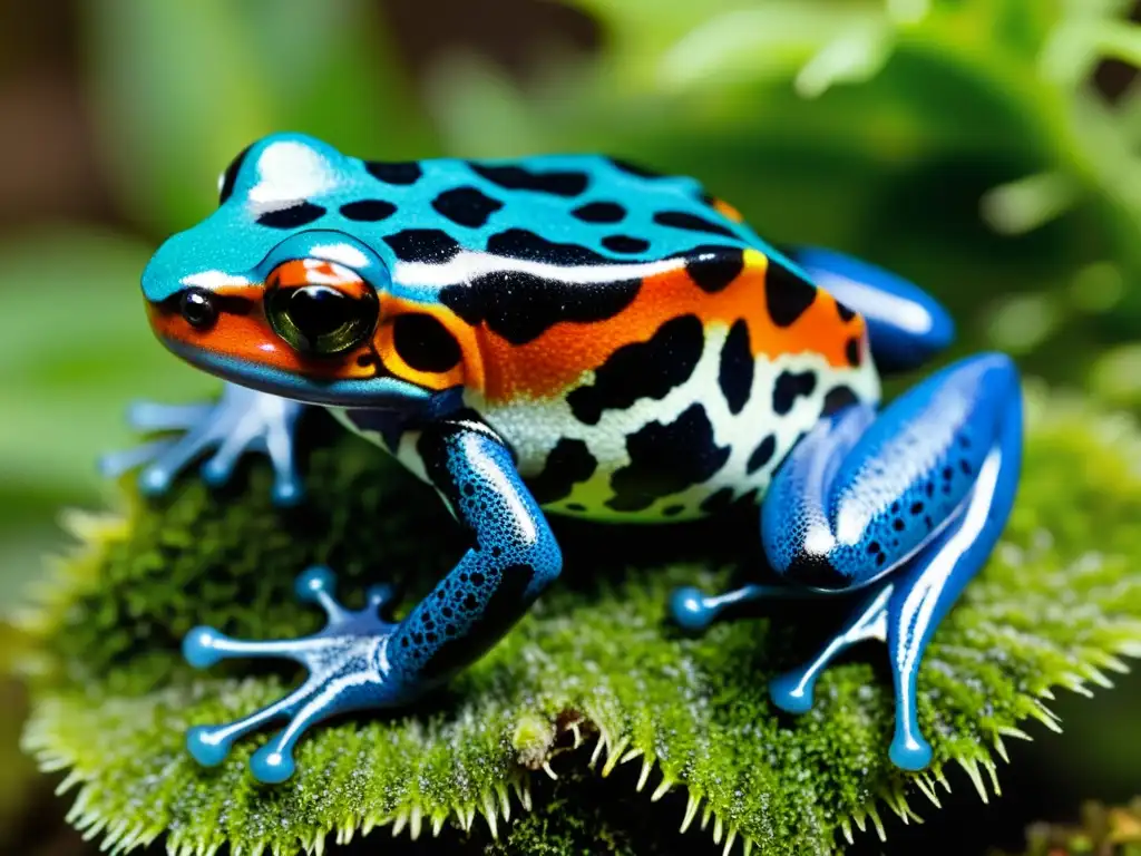 Un anfibio venenoso cuidado en cautividad, una rana flecha de colores vivos descansa sobre un lecho de musgo verde vibrante