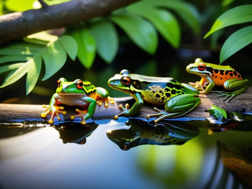 Reproducción de anfibios en ambientes extremos: Grupo de anfibios en ritual de apareamiento en un bosque exuberante y soleado